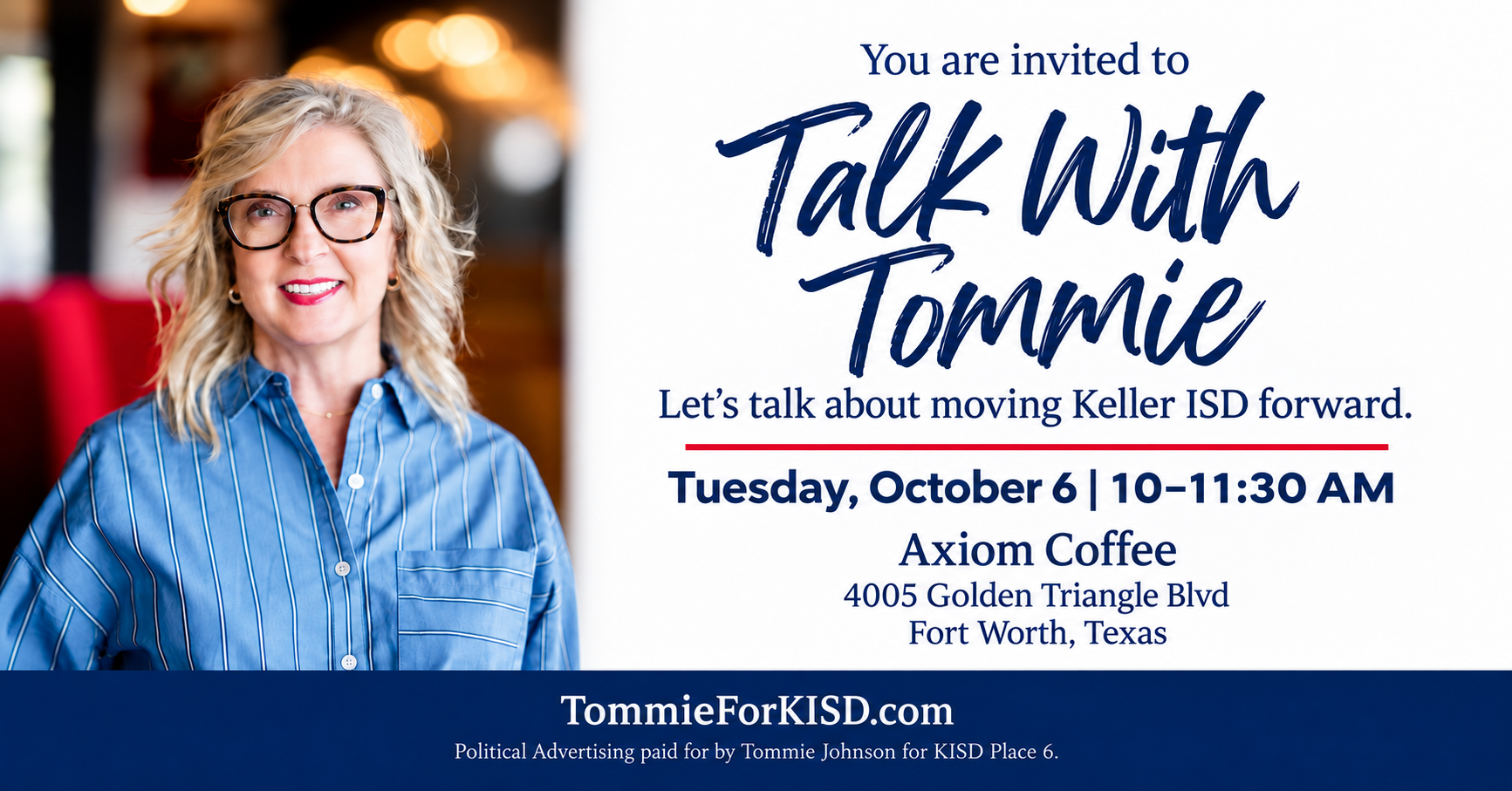 Talk With Tommie at Axiom Coffee on Tuesday, October 6, from 10:00 to 11:30 AM.