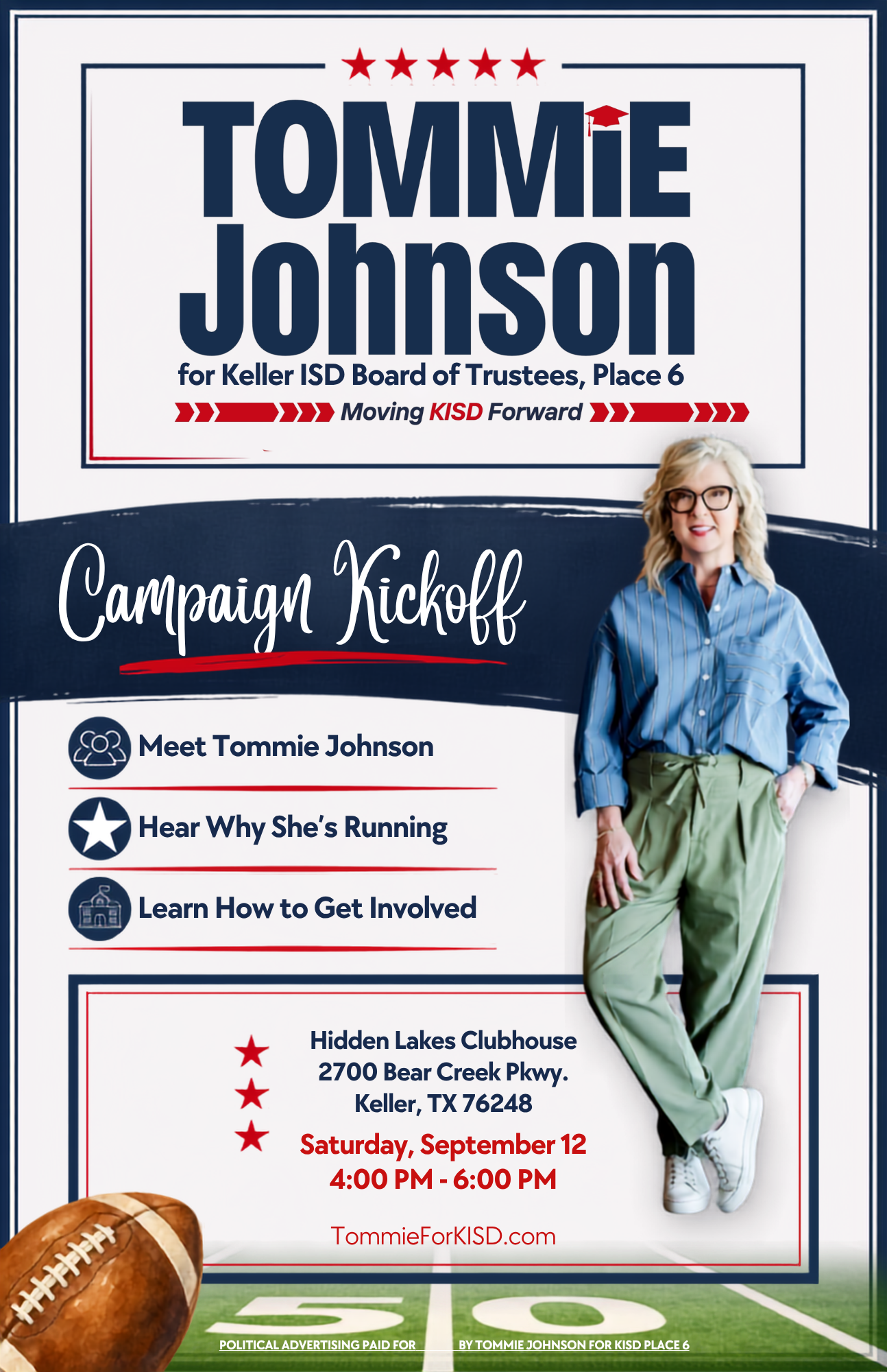 Tommie Johnson Campaign Kickoff on Saturday, September 12, from 4:00 to 6:00 PM at Hidden Lakes Clubhouse.
